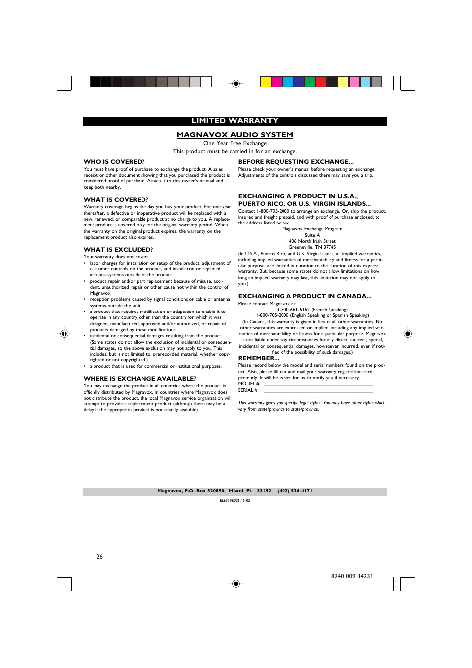 Magnavox audio system, Limited warranty | Philips Magnavox MAS-80 User Manual | Page 26 / 26