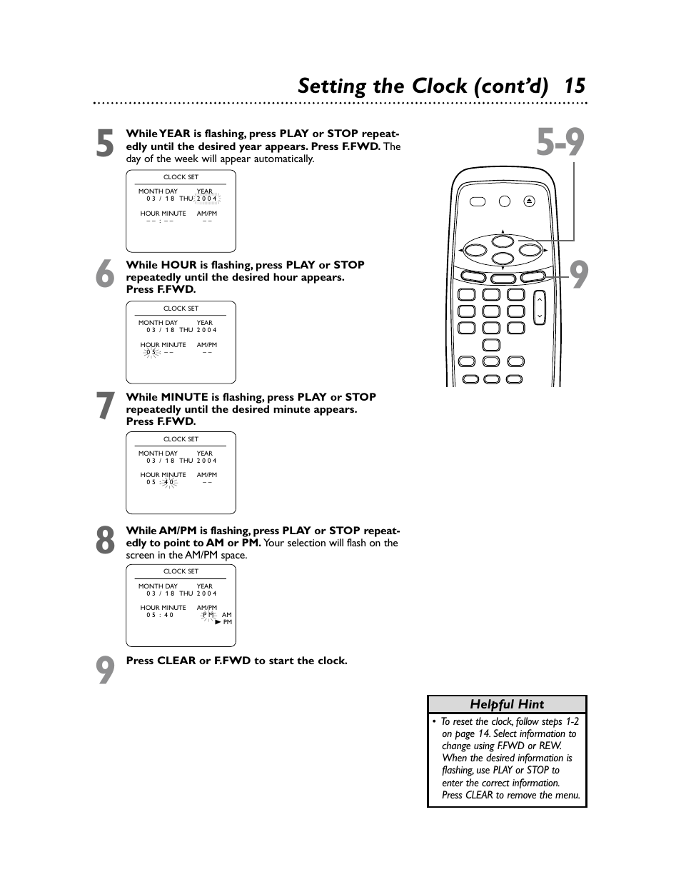 Setting the clock (cont’d) 15, Helpful hint | Philips Magnavox MVR650MG/17 User Manual | Page 15 / 48
