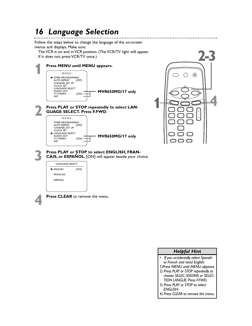 16 language selection, Helpful hint | Philips Magnavox MVR650MG/17 User Manual | Page 16 / 48