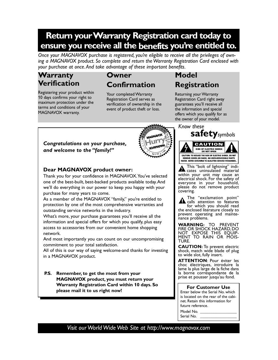 Safety, Hurry! warranty verification, Owner confirmation | Model registration, Know these, Symbols | Philips Magnavox MVR650MG/17 User Manual | Page 2 / 48