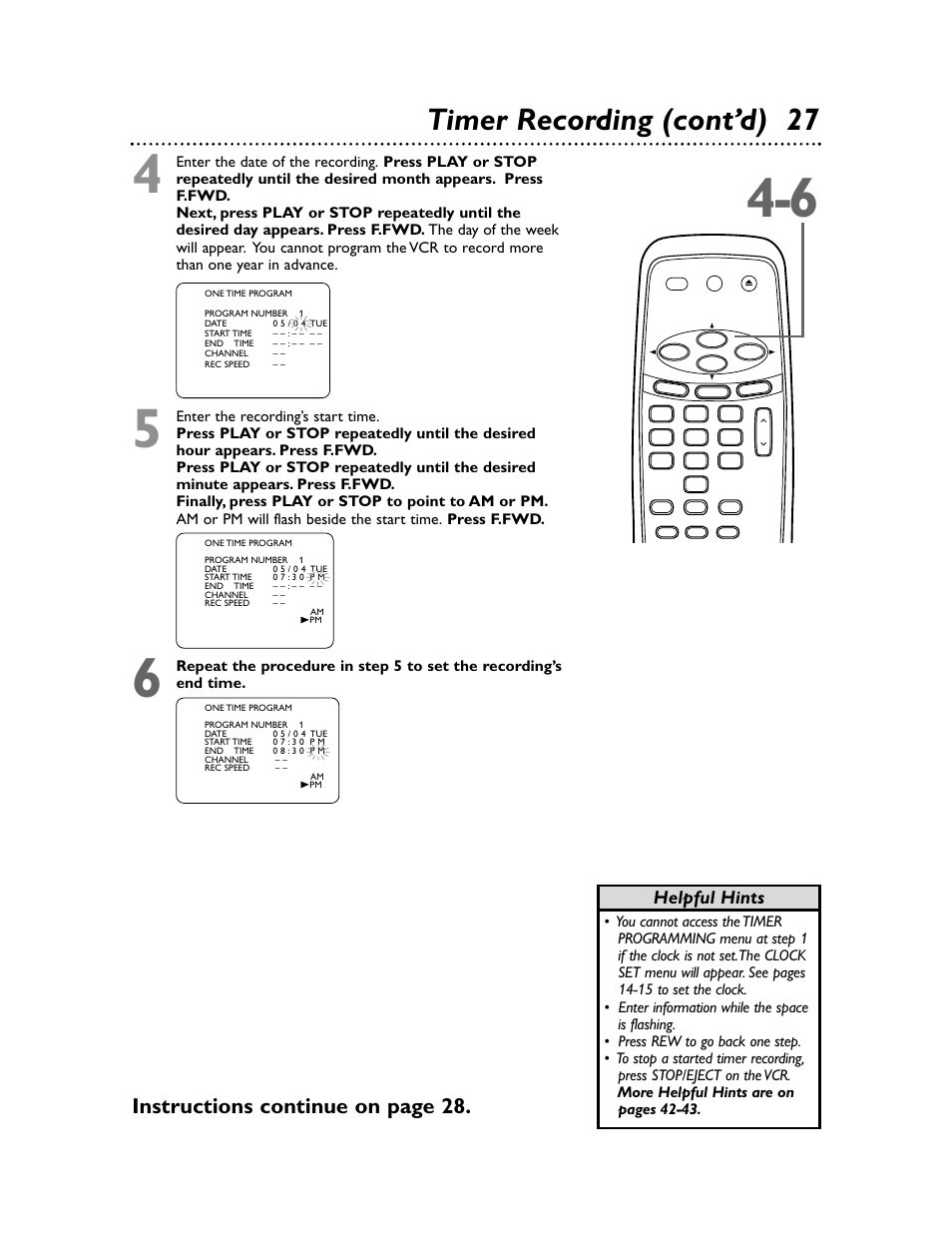 Timer recording (cont’d) 27, Instructions continue on page 28, Helpful hints | Philips Magnavox MVR650MG/17 User Manual | Page 27 / 48