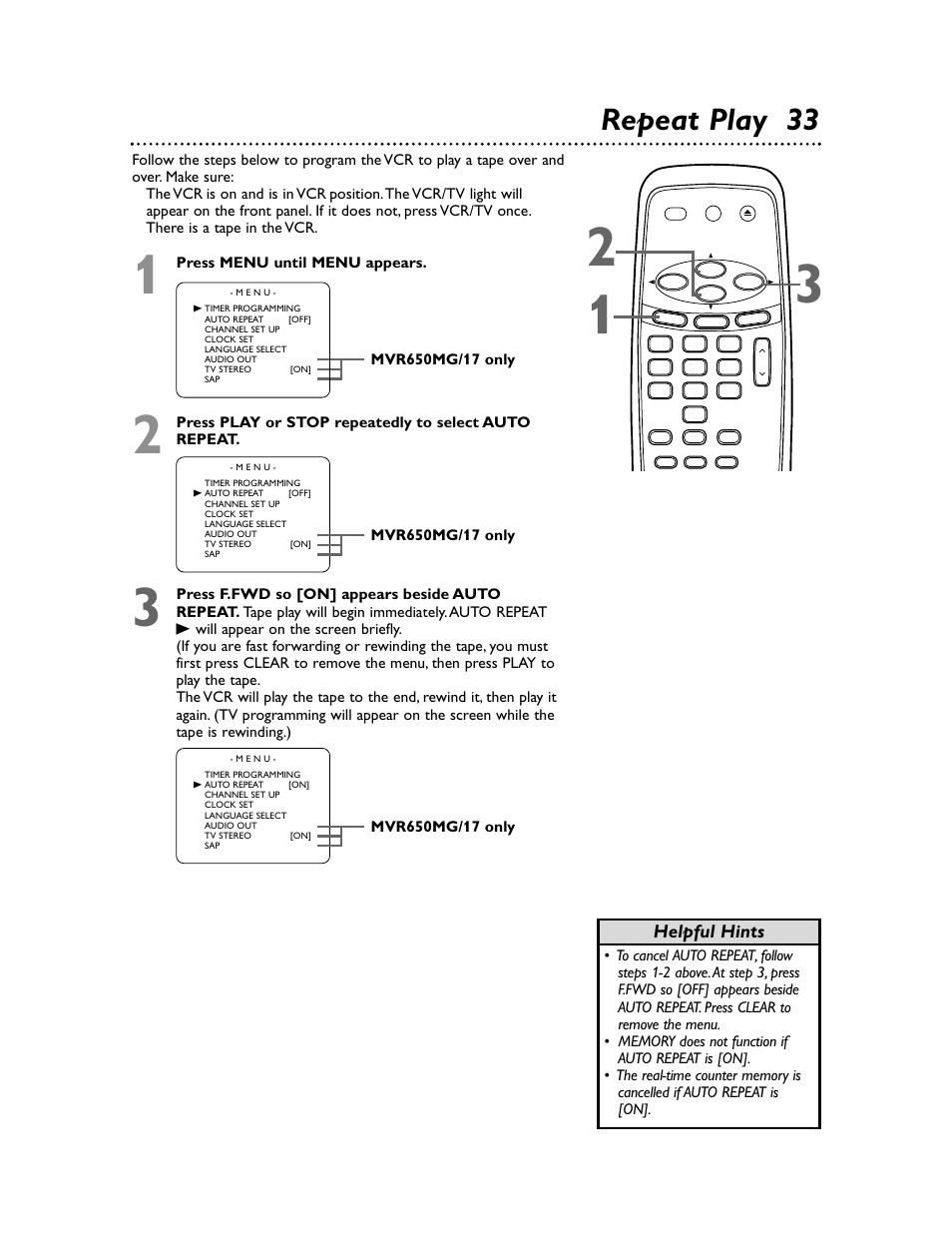 Repeat play 33, Helpful hints | Philips Magnavox MVR650MG/17 User Manual | Page 33 / 48
