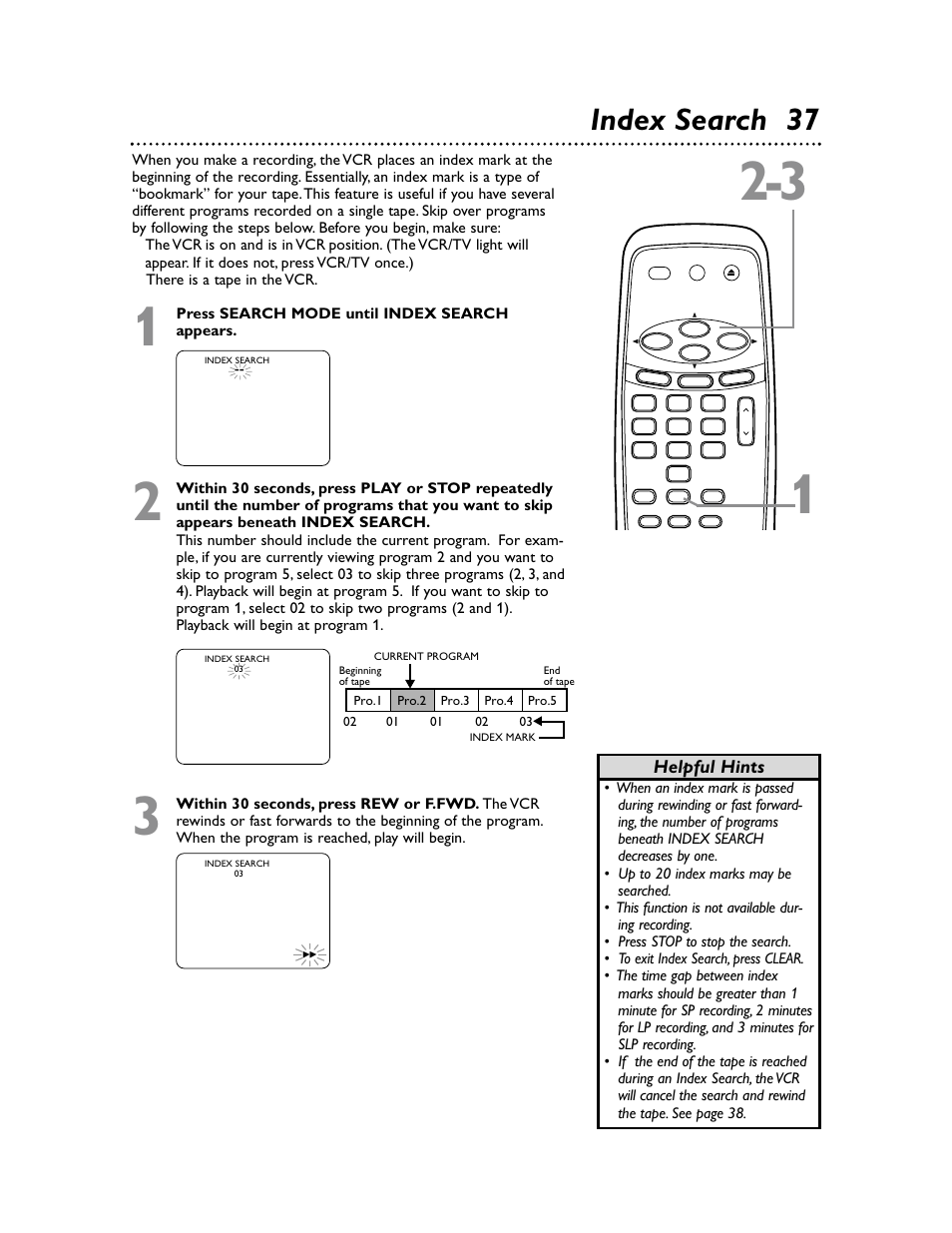 Index search 37, Helpful hints | Philips Magnavox MVR650MG/17 User Manual | Page 37 / 48