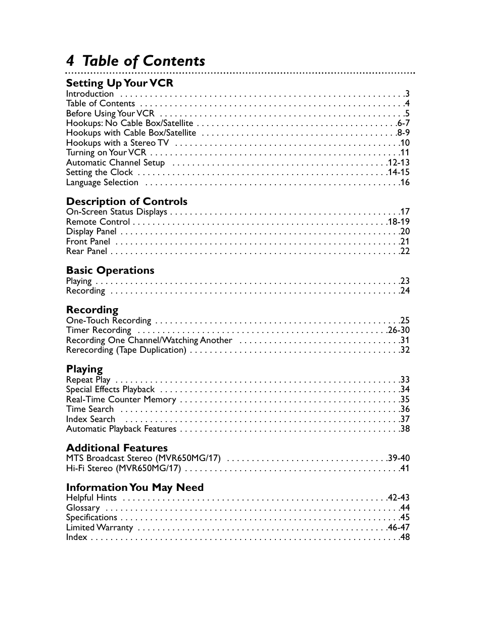 4 table of contents | Philips Magnavox MVR650MG/17 User Manual | Page 4 / 48