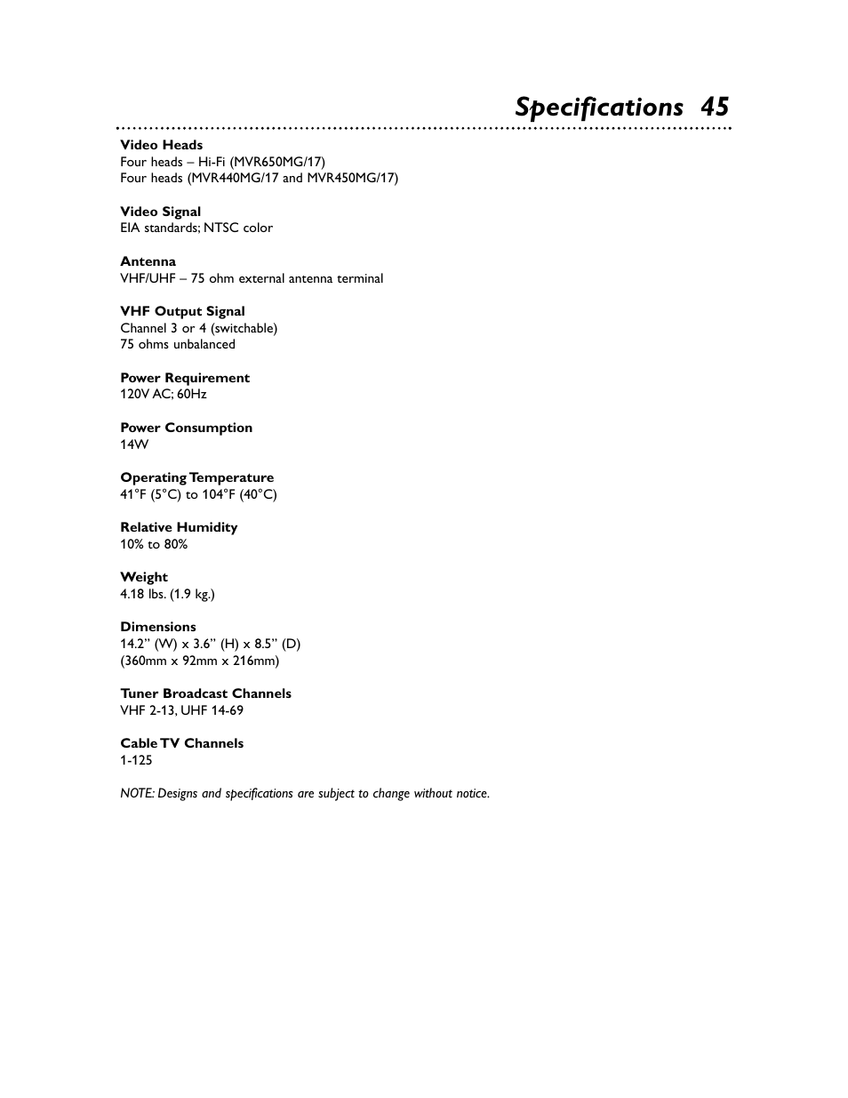 Specifications 45 | Philips Magnavox MVR650MG/17 User Manual | Page 45 / 48