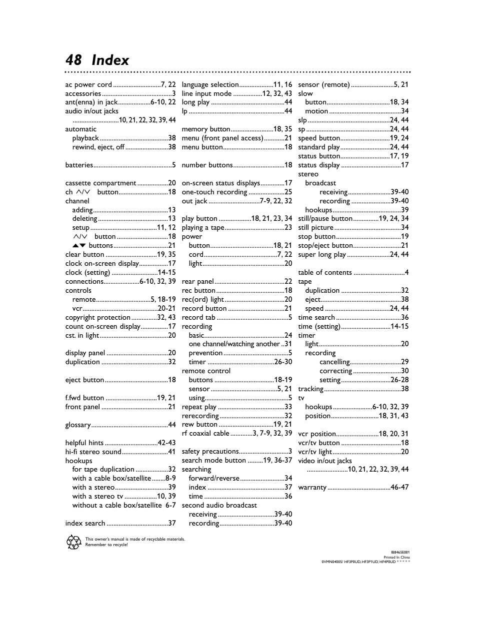 48 index | Philips Magnavox MVR650MG/17 User Manual | Page 48 / 48