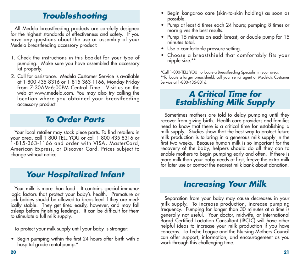 A critical time for establishing milk supply, Your hospitalized infant increasing your milk, Troubleshooting | Medela Classic Breastpump User Manual | Page 12 / 13