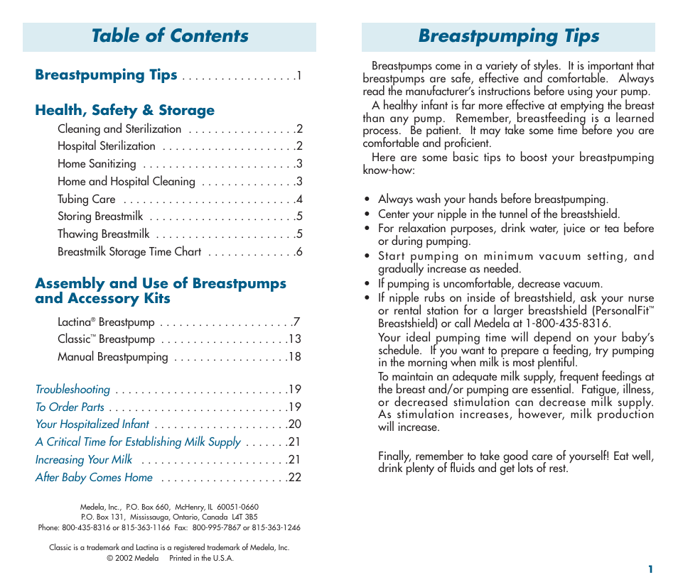 Breastpumping tips table of contents, Breastpumping tips, Health, safety & storage | Assembly and use of breastpumps and accessory kits | Medela Classic Breastpump User Manual | Page 2 / 13