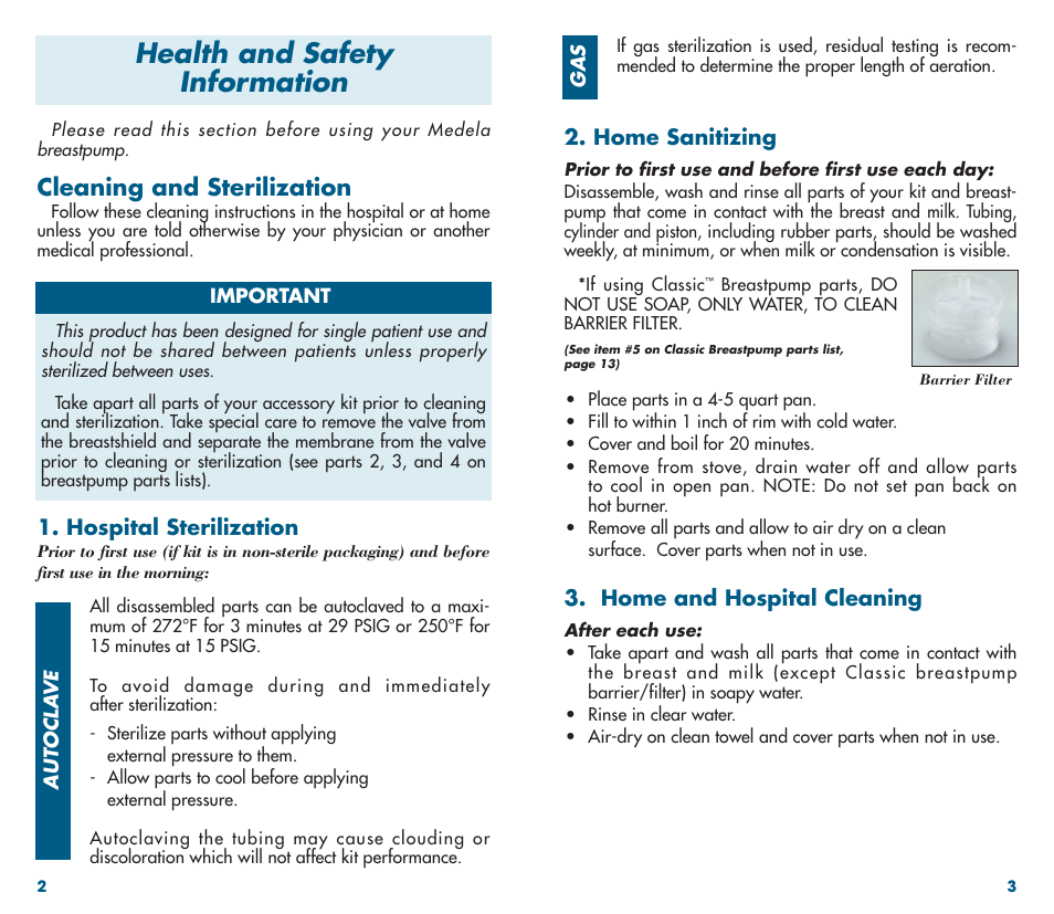 Health and safety information, Cleaning and sterilization, Home sanitizing | Home and hospital cleaning, Hospital sterilization | Medela Classic Breastpump User Manual | Page 3 / 13