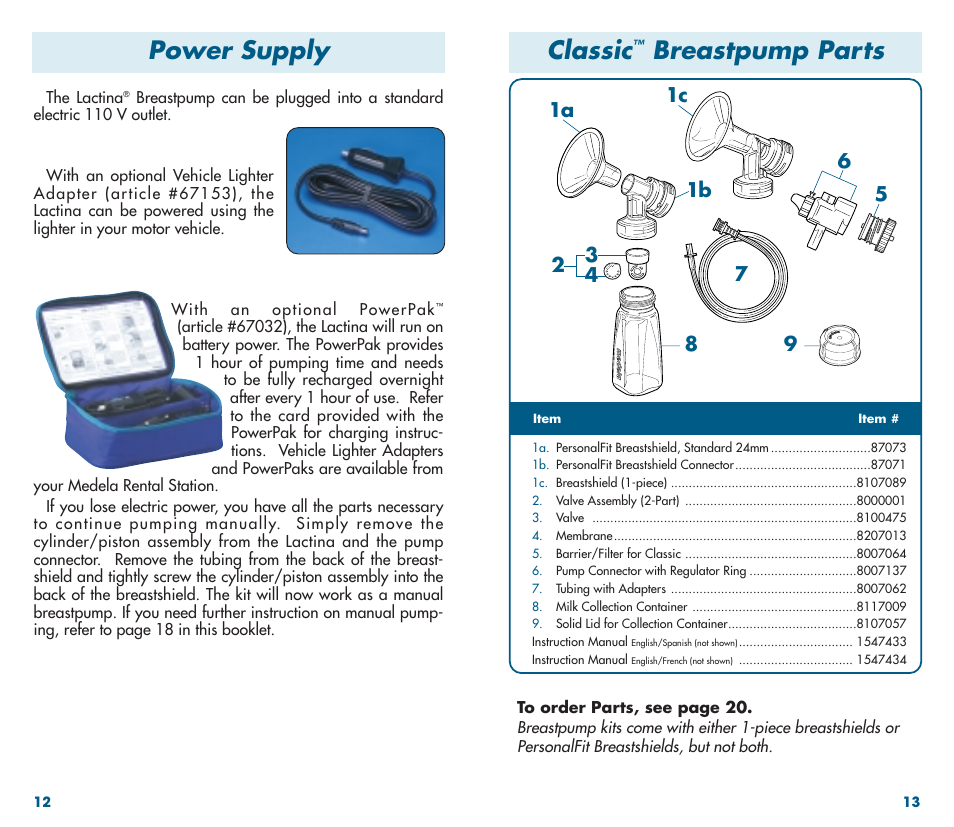 Classic, Breastpump parts, Power supply | Medela Classic Breastpump User Manual | Page 8 / 13