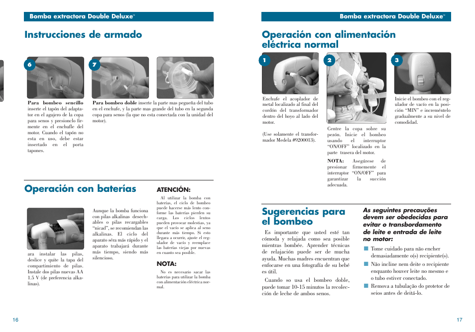 Instrucciones de armado, Operación con baterías | Medela Double Deluxe breastpump User Manual | Page 10 / 13