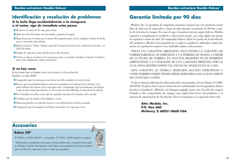Garantía limitada por 90 días, Accesorios, Identificación y resolución de problemas | Medela Double Deluxe breastpump User Manual | Page 11 / 13