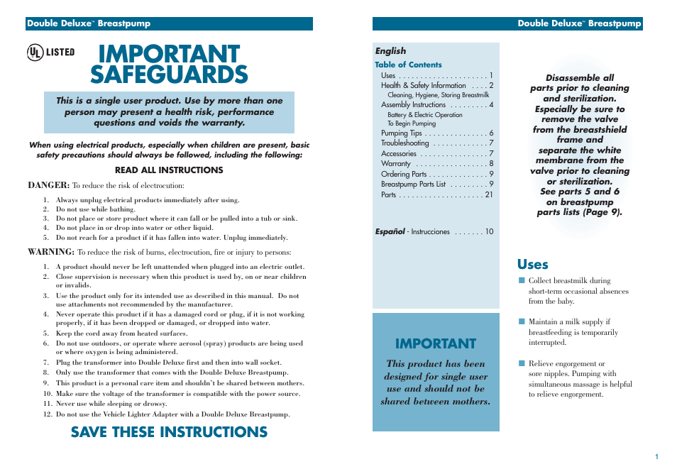 Important safeguards, Save these instructions, Uses | Important | Medela Double Deluxe breastpump User Manual | Page 2 / 13