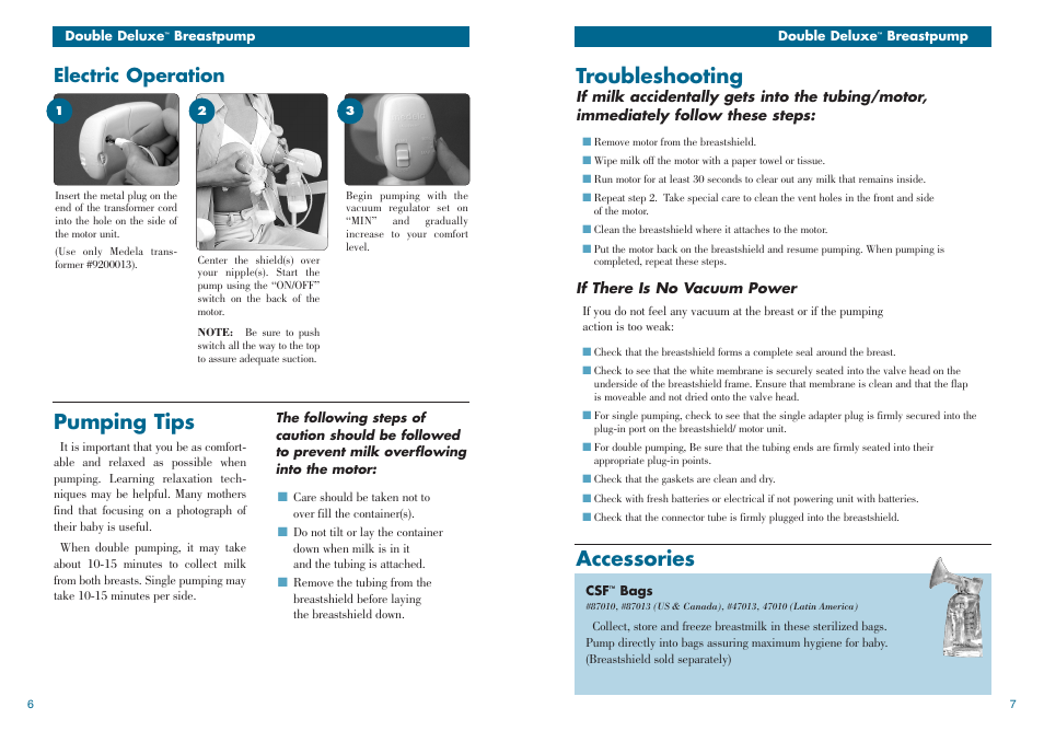 Accessories troubleshooting, Pumping tips, Electric operation | Medela Double Deluxe breastpump User Manual | Page 5 / 13