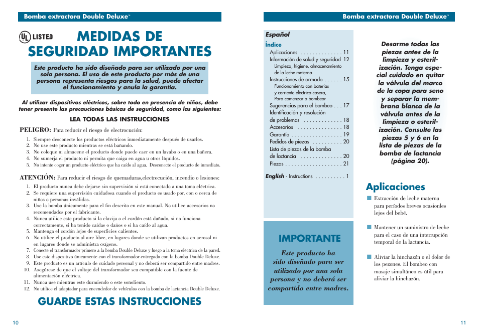 Medidas de seguridad importantes, Guarde estas instrucciones, Importante | Aplicaciones | Medela Double Deluxe breastpump User Manual | Page 7 / 13