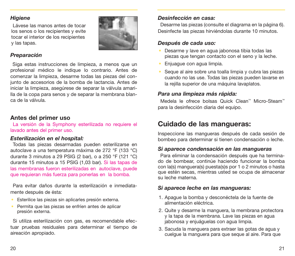 Cuidado de las mangueras, Antes del primer uso | Medela Symphony breastpump User Manual | Page 12 / 32