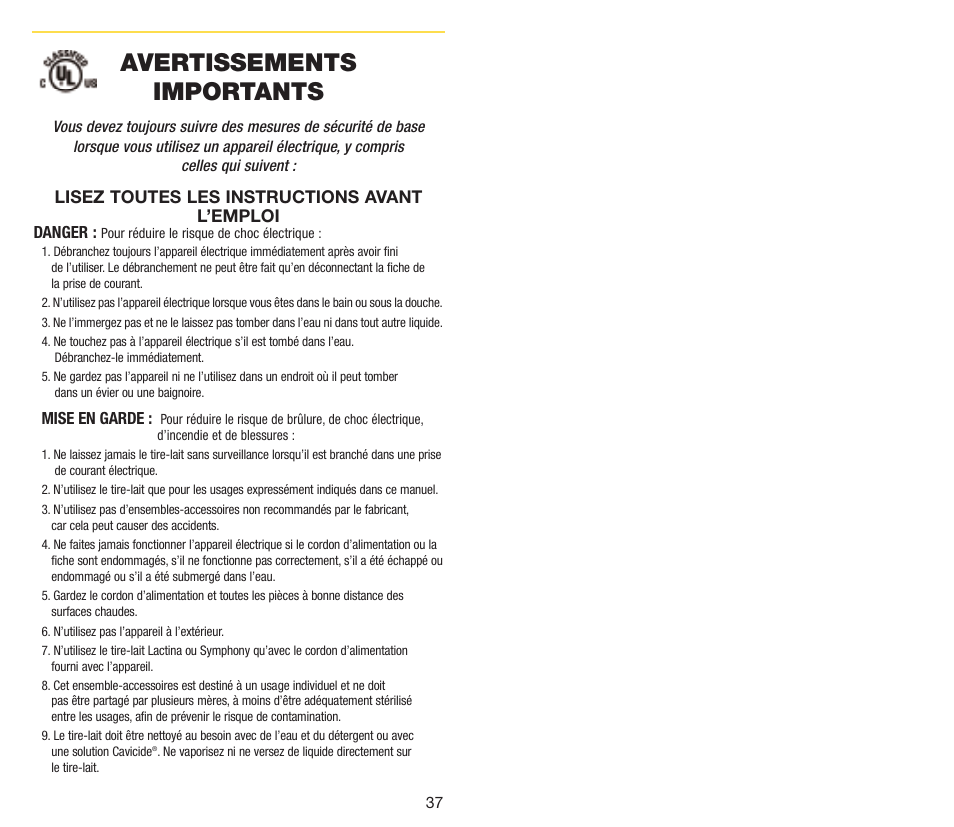 Avertissements importants | Medela Symphony breastpump User Manual | Page 21 / 32
