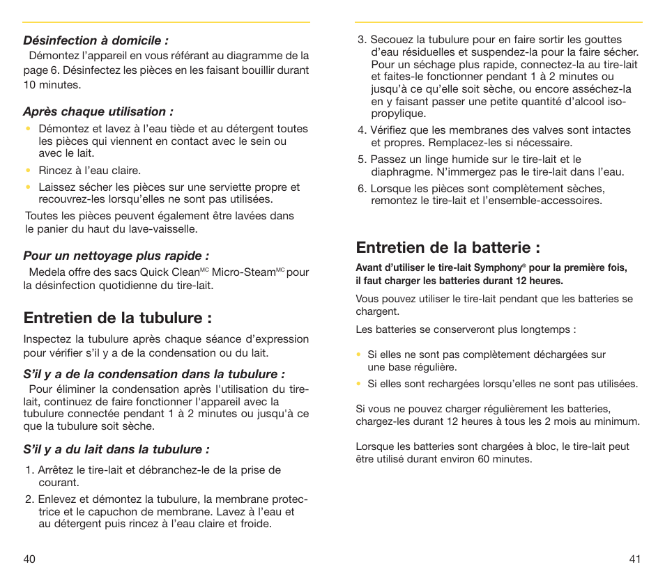 Entretien de la batterie, Entretien de la tubulure | Medela Symphony breastpump User Manual | Page 23 / 32