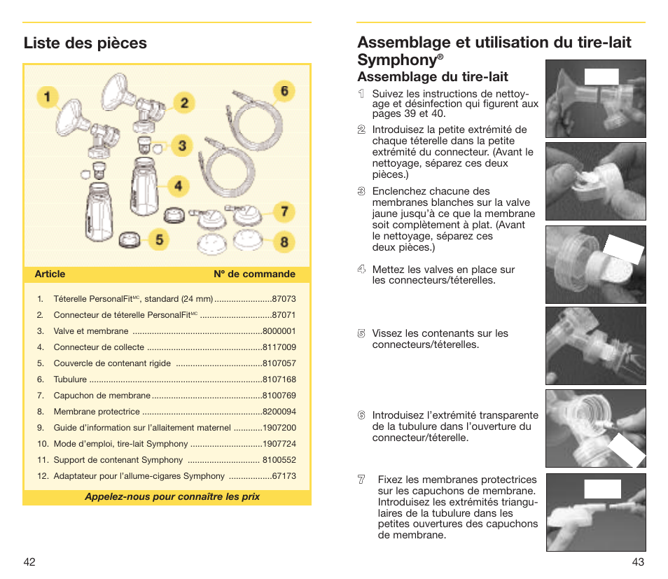 Assemblage et utilisation du tire-lait symphony, Liste des pièces, Assemblage du tire-lait | Medela Symphony breastpump User Manual | Page 24 / 32