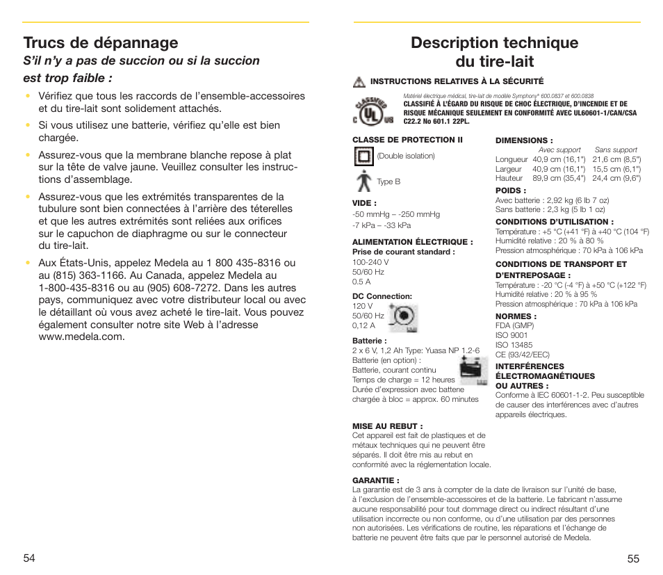 Description technique du tire-lait, Trucs de dépannage | Medela Symphony breastpump User Manual | Page 30 / 32