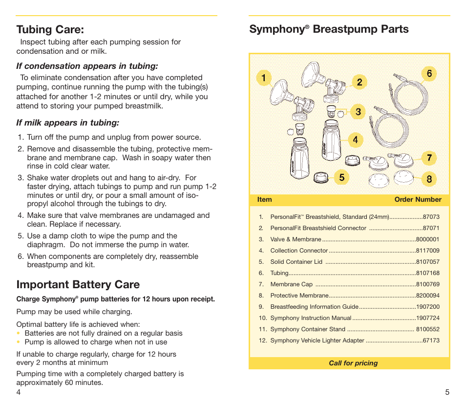 Tubing care, Important battery care, Symphony | Breastpump parts | Medela Symphony breastpump User Manual | Page 4 / 32