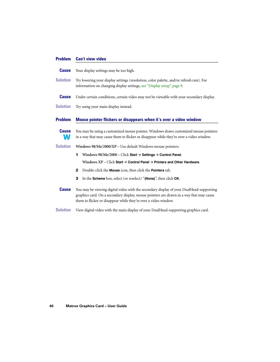 Can’t view video | Matrox Electronic Systems LE G450 User Manual | Page 40 / 67