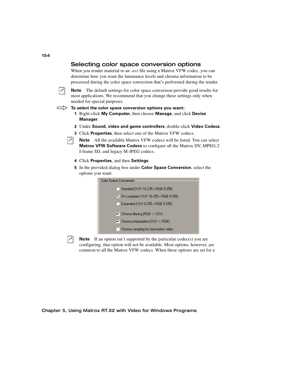 Selecting color space conversion options | Matrox Electronic Systems Matrox RT.X2 User Manual | Page 162 / 224