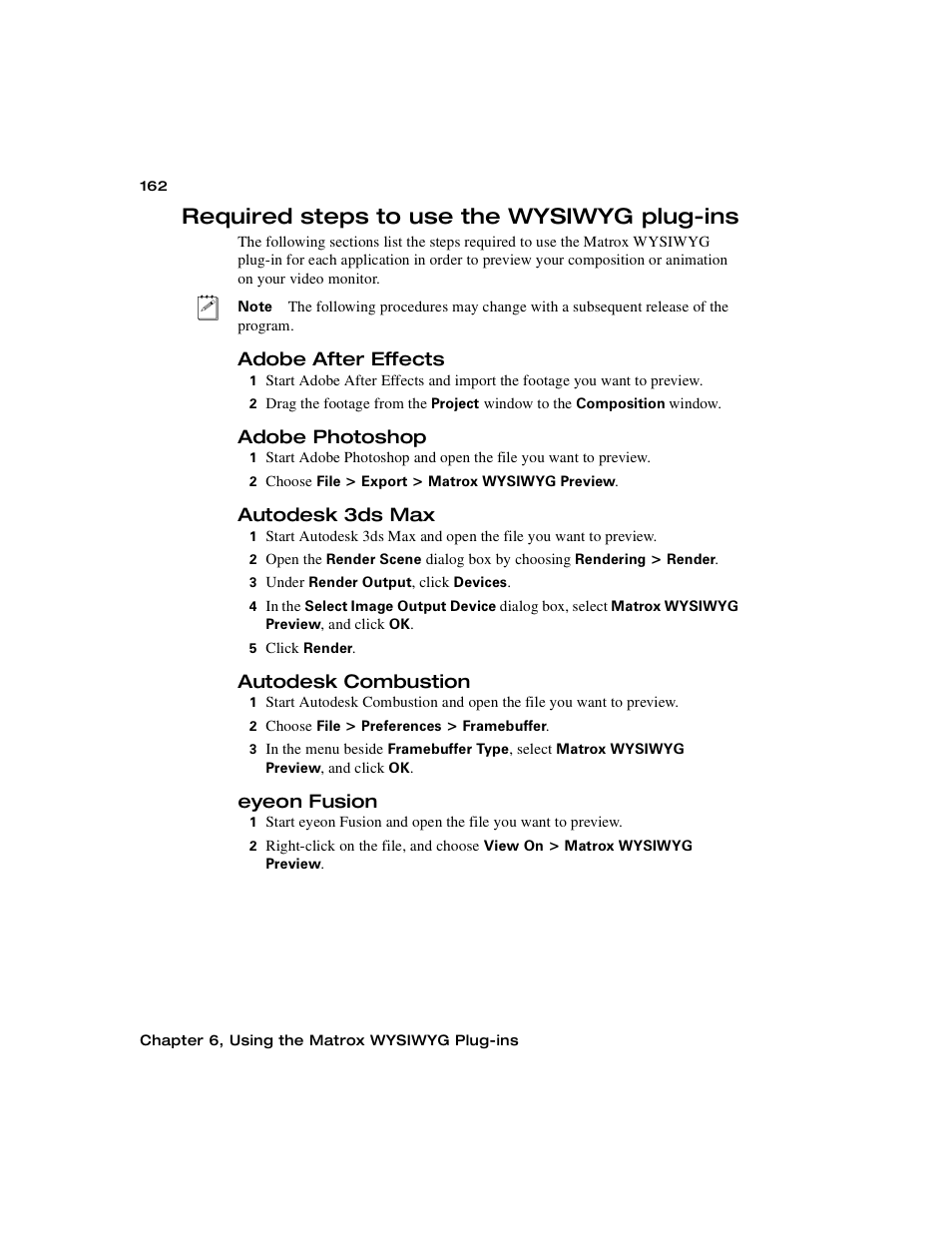 Required steps to use the wysiwyg plug-ins, Adobe after effects, Adobe photoshop | Autodesk 3ds max, Autodesk combustion, Eyeon fusion | Matrox Electronic Systems Matrox RT.X2 User Manual | Page 170 / 224