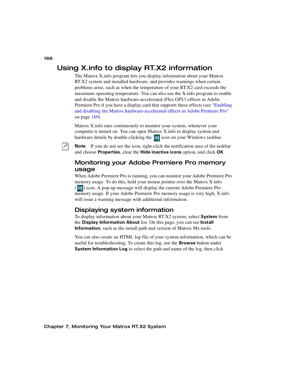 Using x.info to display rt.x2 information, Monitoring your adobe premiere pro memory usage, Displaying system information | Matrox Electronic Systems Matrox RT.X2 User Manual | Page 174 / 224