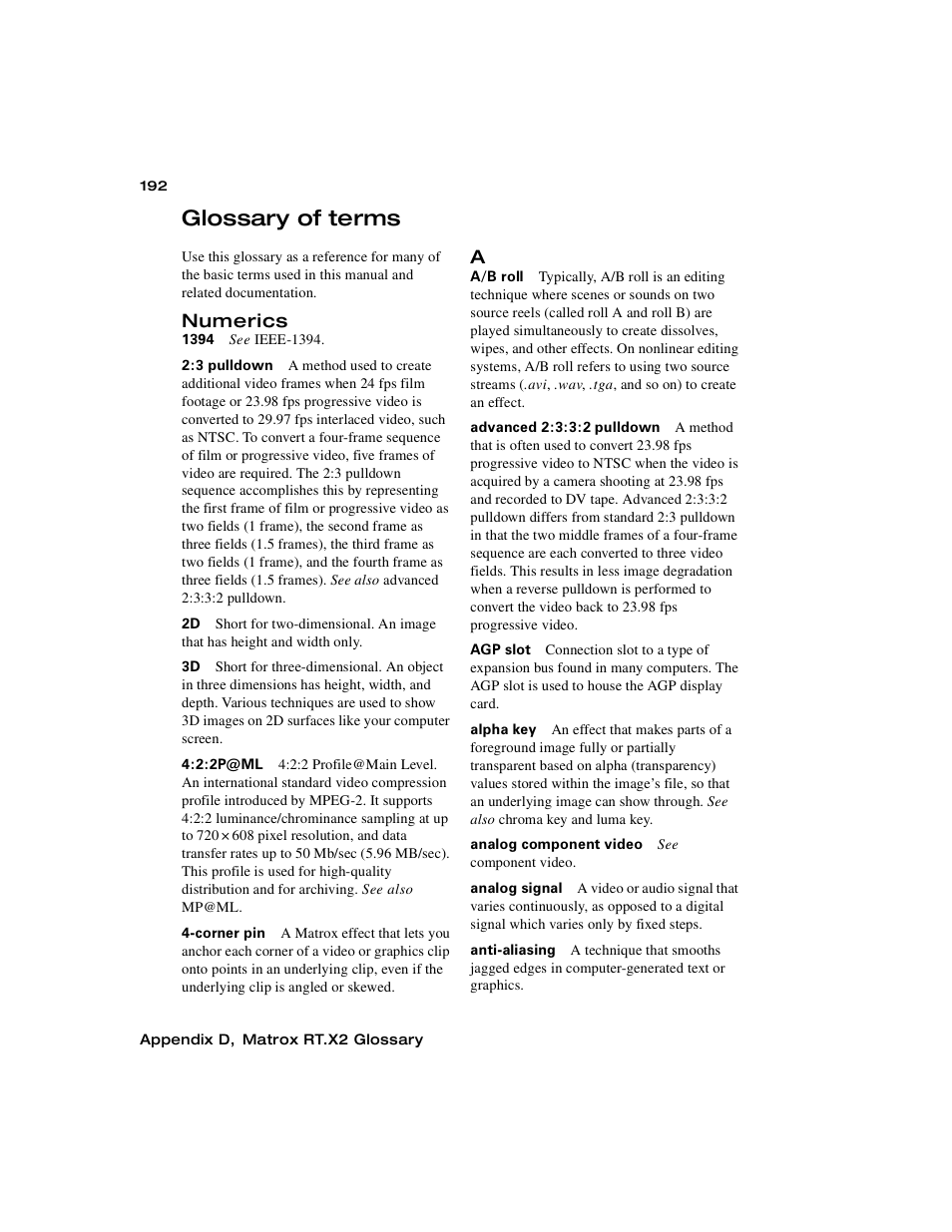 Glossary of terms, Numerics | Matrox Electronic Systems Matrox RT.X2 User Manual | Page 200 / 224
