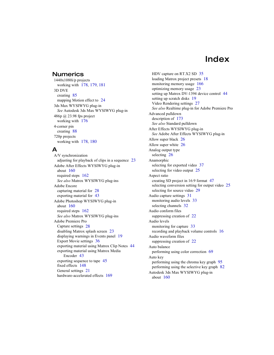 Index, Numerics | Matrox Electronic Systems Matrox RT.X2 User Manual | Page 213 / 224