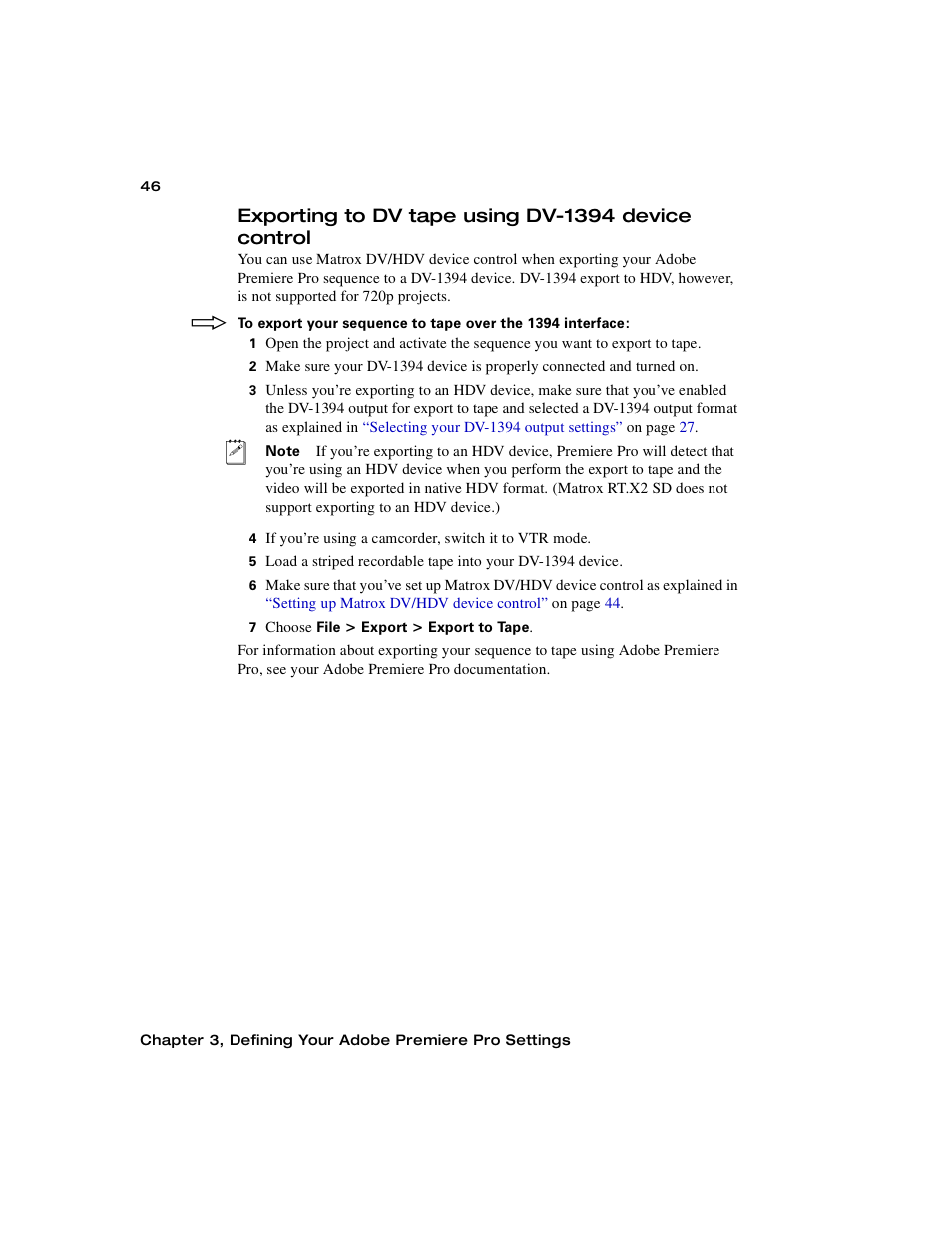 Exporting to dv tape using dv-1394 device control | Matrox Electronic Systems Matrox RT.X2 User Manual | Page 54 / 224