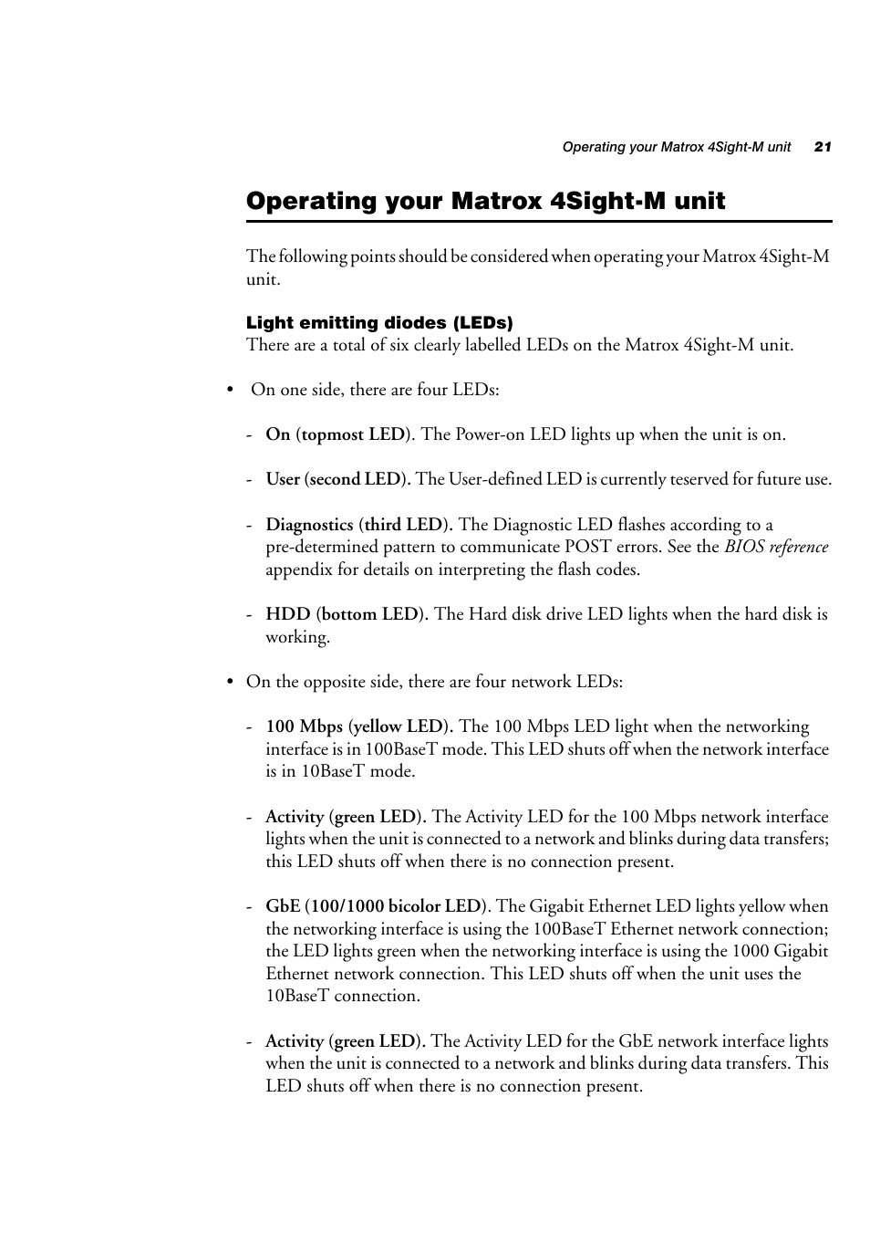 Operating your matrox 4sight-m unit, Light emitting diodes (leds) | Matrox Electronic Systems 4SIGHT-M User Manual | Page 21 / 162