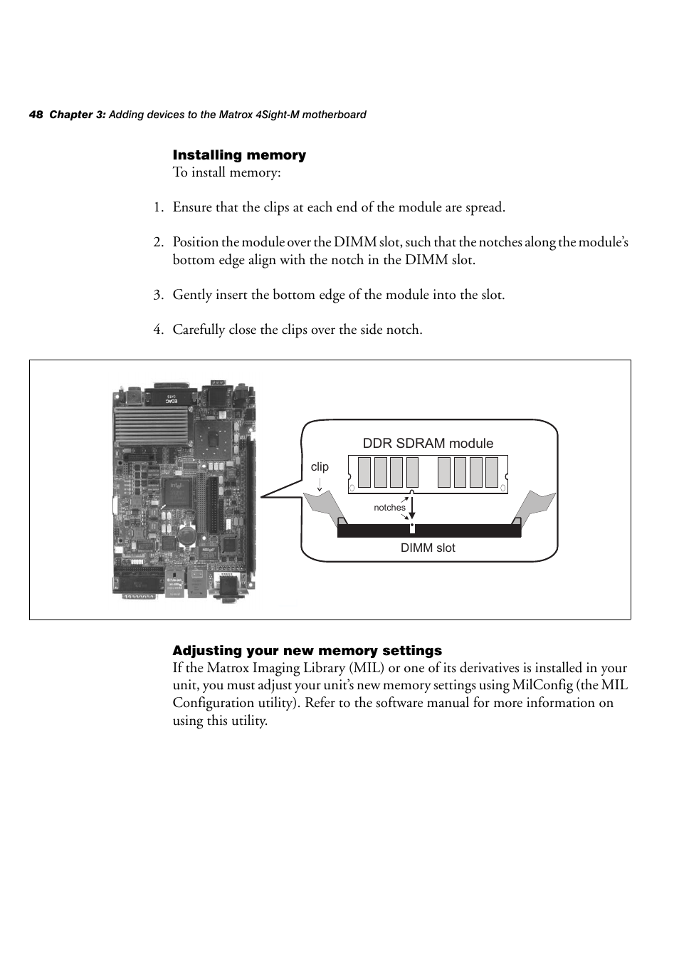Installing memory, Adjusting your new memory settings | Matrox Electronic Systems 4SIGHT-M User Manual | Page 48 / 162