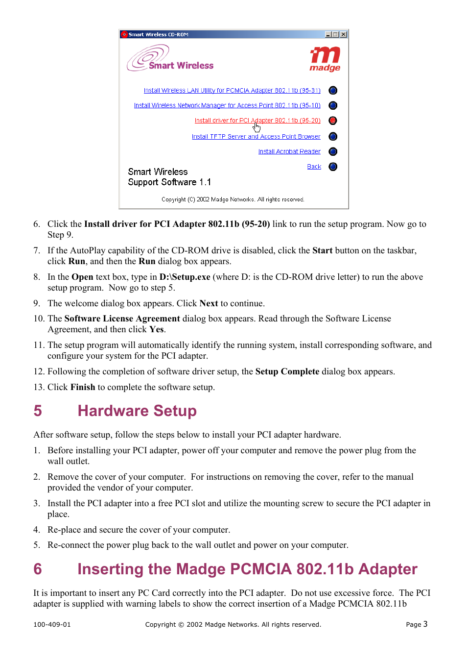 Hardware setup, Inserting the madge pcmcia 802.11b adapter, 5 hardware | Setup, 6 inserting the madge pcmcia 802.11b adapter, 5 hardware setup | Madge Networks SMART WIRELESS 802.11B (95-20) User Manual | Page 6 / 7