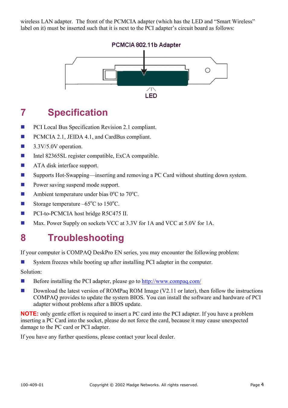 Specification, Troubleshooting, 7 specification 8 troubleshooting | 7 specification, 8 troubleshooting | Madge Networks SMART WIRELESS 802.11B (95-20) User Manual | Page 7 / 7