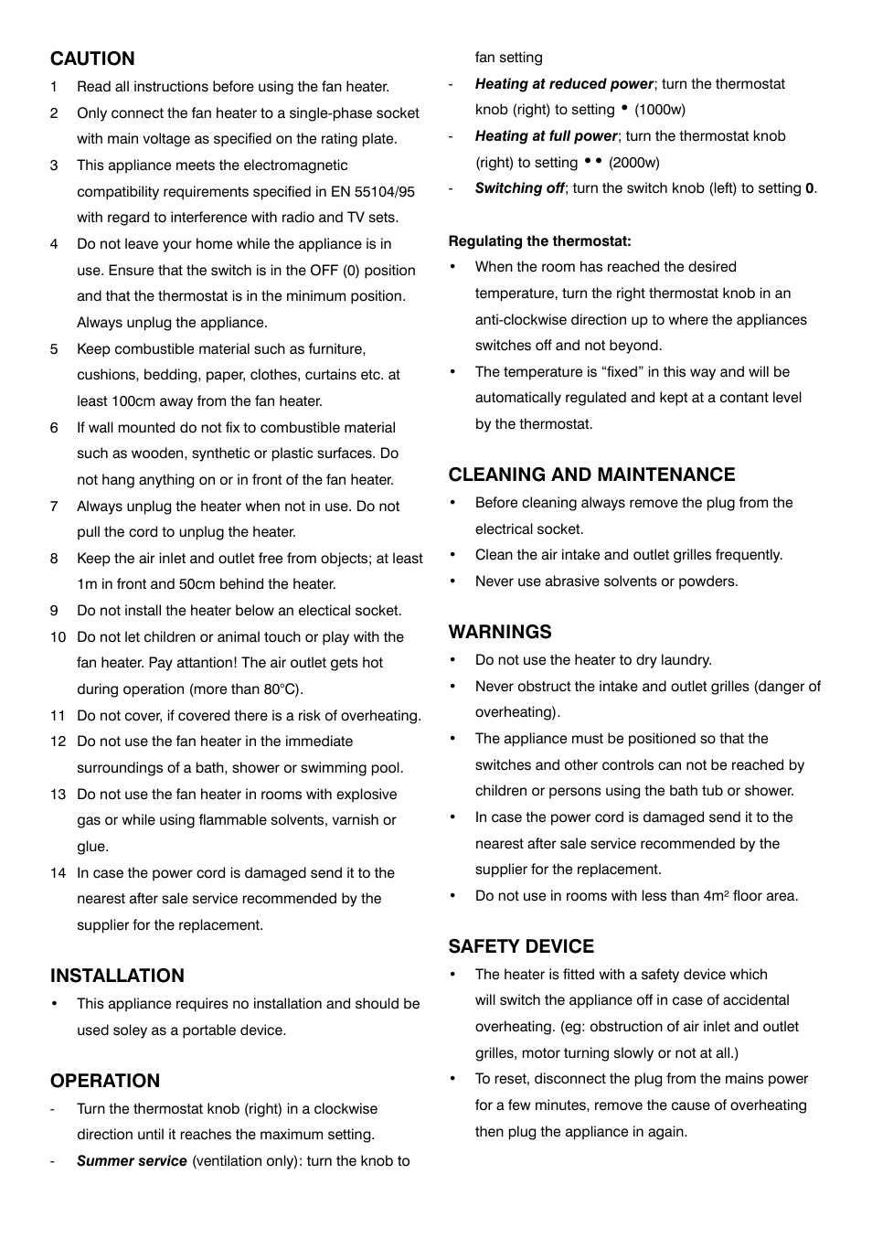 Caution, Installation, Operation | Cleaning and maintenance, Warnings, Safety device | Mellerware 35100 User Manual | Page 3 / 4