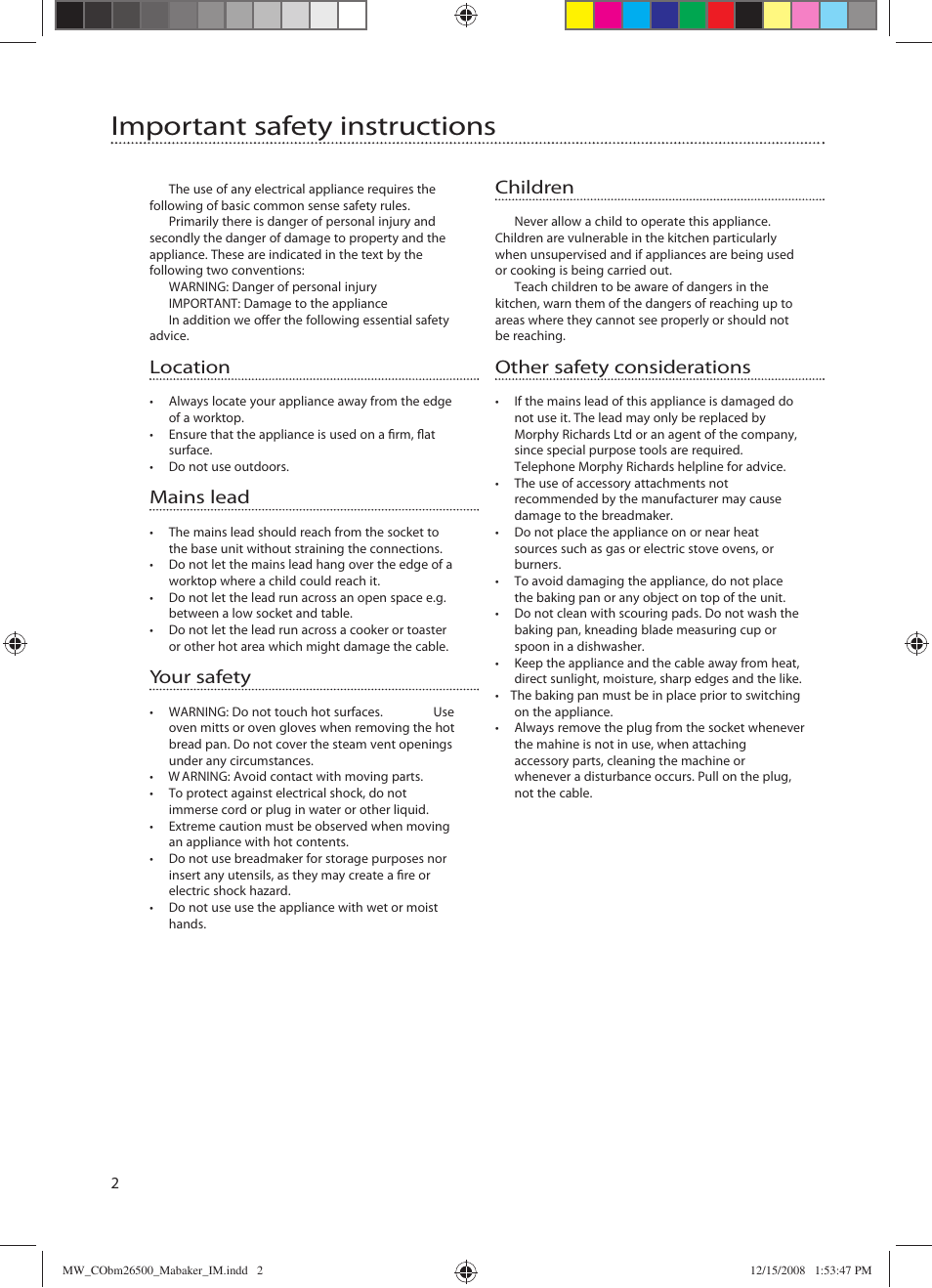 Important safety instructions, Location, Mains lead | Your safety, Children, Other safety considerations | Mellerware MA-BAKER 26500 User Manual | Page 2 / 24
