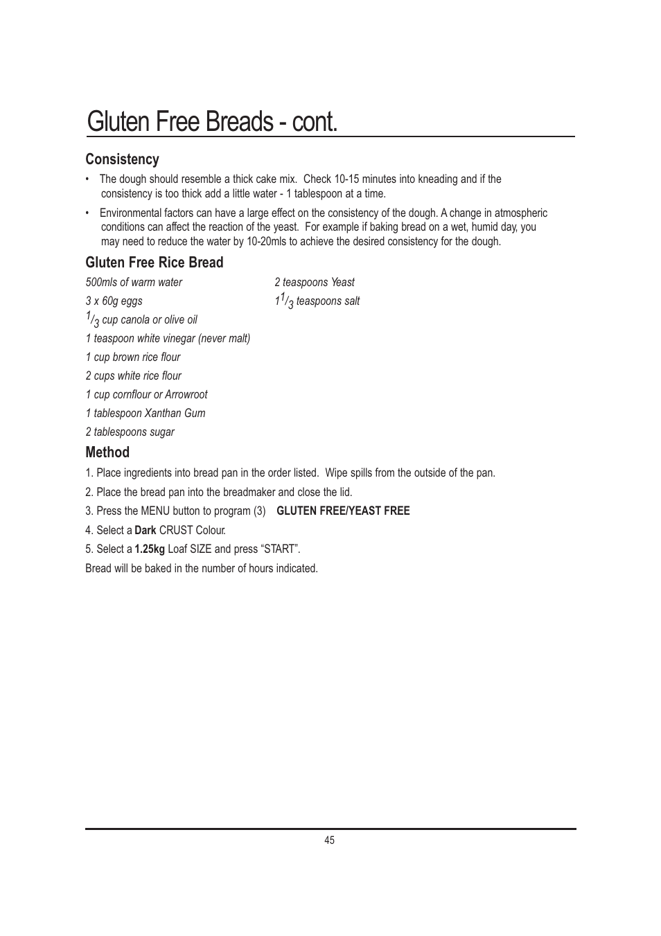 Gluten free breads - cont, Consistency, Gluten free rice bread | Method | Mellerware 26550550W User Manual | Page 45 / 81