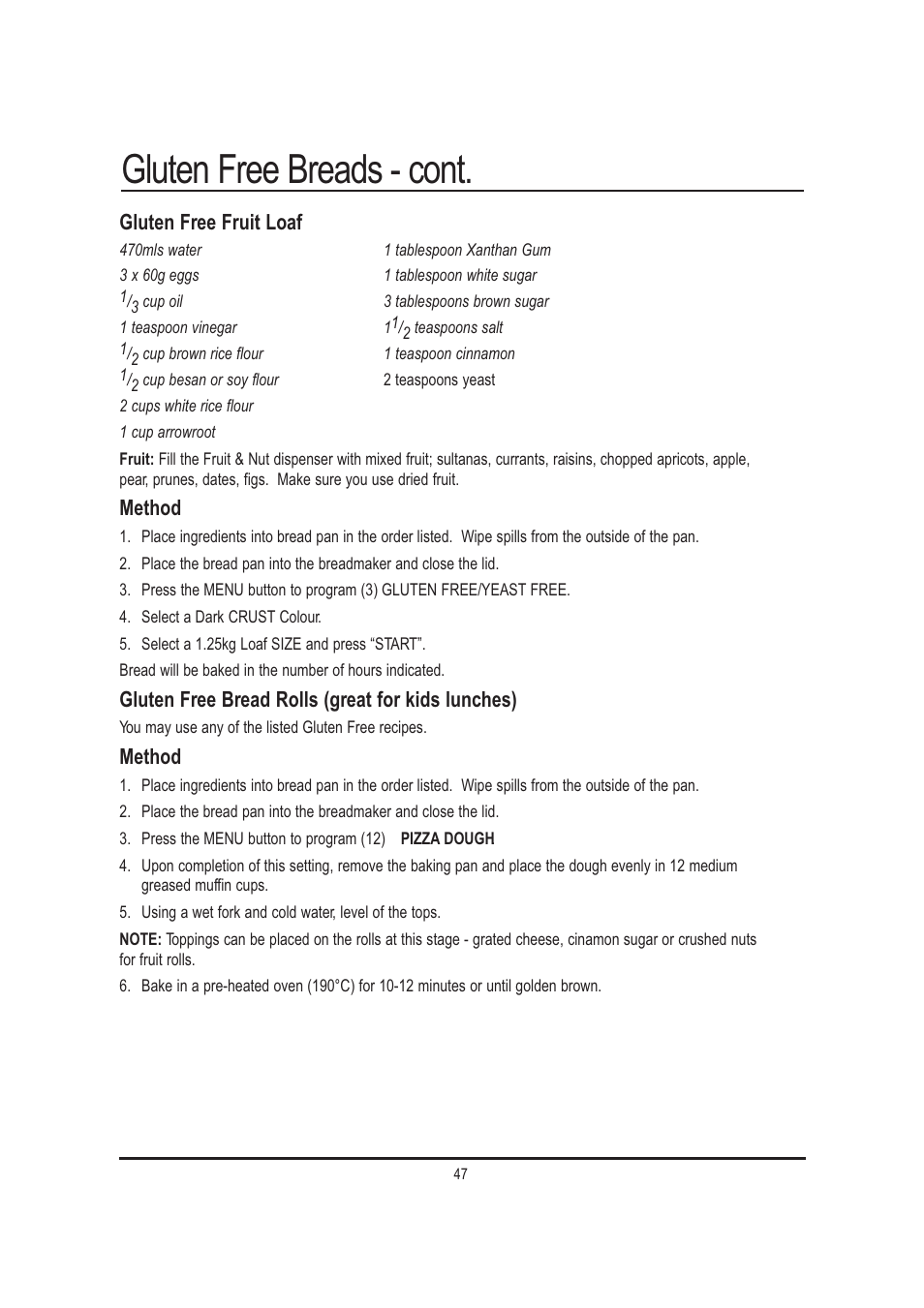 Gluten free breads - cont, Gluten free fruit loaf, Method | Gluten free bread rolls (great for kids lunches) | Mellerware 26550550W User Manual | Page 47 / 81