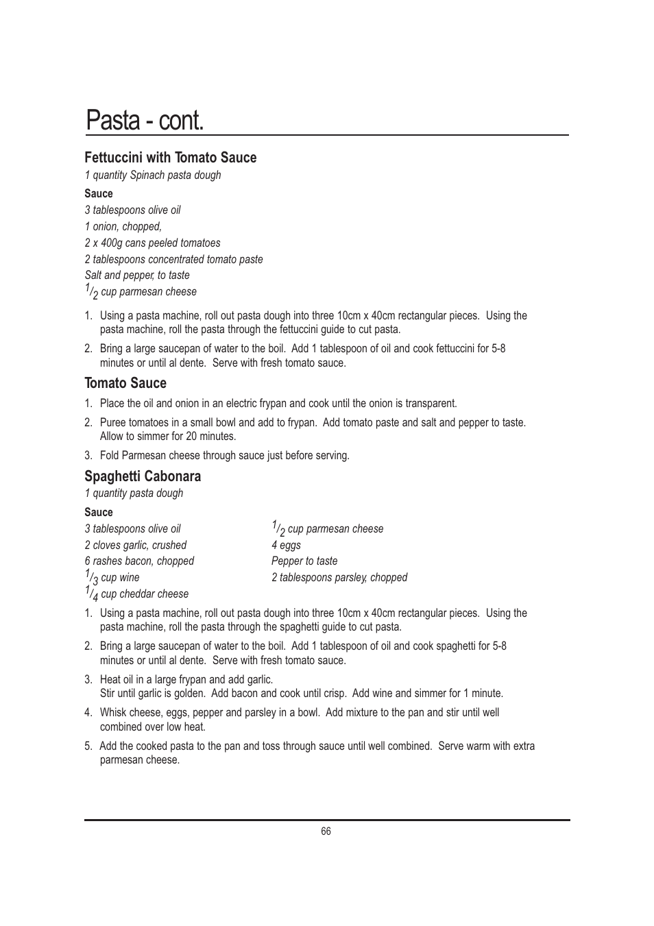 Pasta - cont, Fettuccini with tomato sauce, Tomato sauce | Spaghetti cabonara | Mellerware 26550550W User Manual | Page 66 / 81