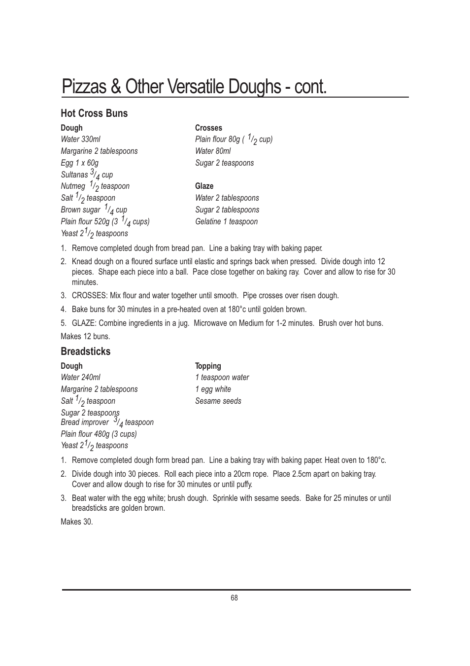 Pizzas & other versatile doughs - cont, Hot cross buns, Breadsticks | Mellerware 26550550W User Manual | Page 68 / 81