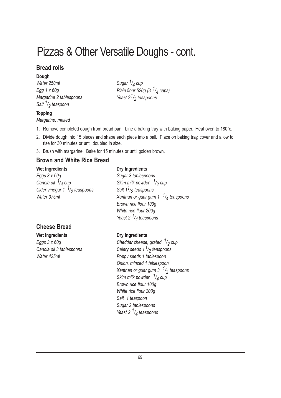 Pizzas & other versatile doughs - cont, Bread rolls, Brown and white rice bread | Cheese bread | Mellerware 26550550W User Manual | Page 69 / 81
