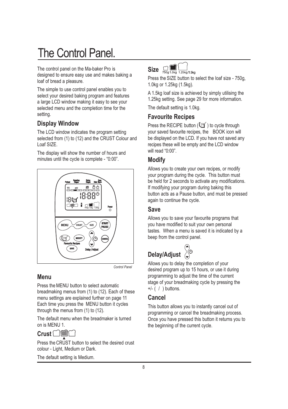 The control panel | Mellerware 26550550W User Manual | Page 8 / 81