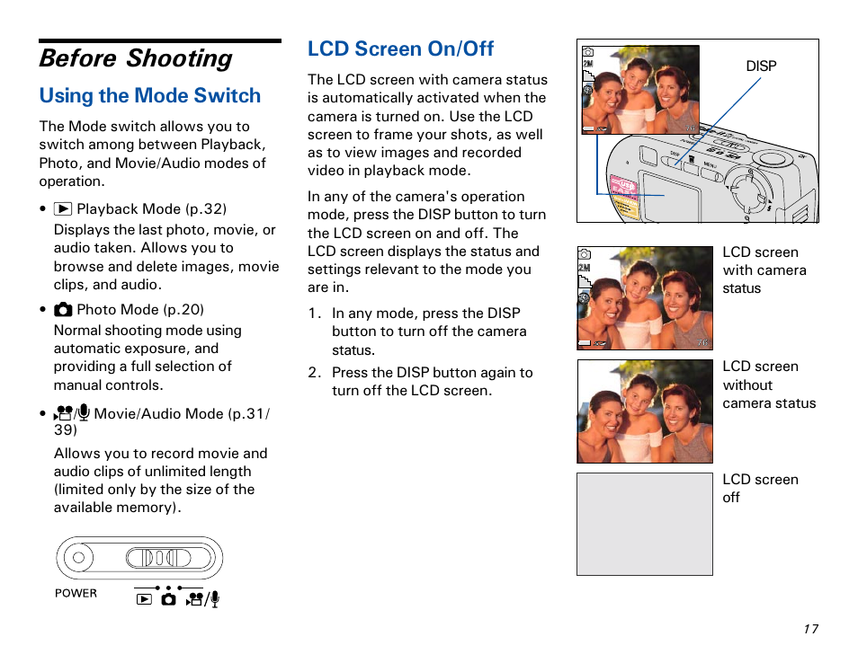 Before shooting, Using the mode switch, Lcd screen on/off | Microtek MKT-1300a User Manual | Page 24 / 72