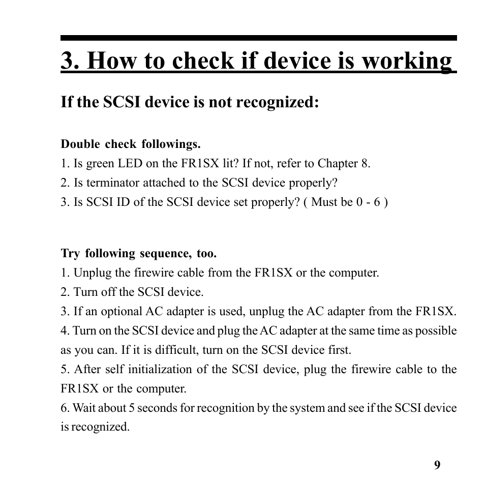 How to check if device is working, If the scsi device is not recognized | Microtek Converter User Manual | Page 13 / 65
