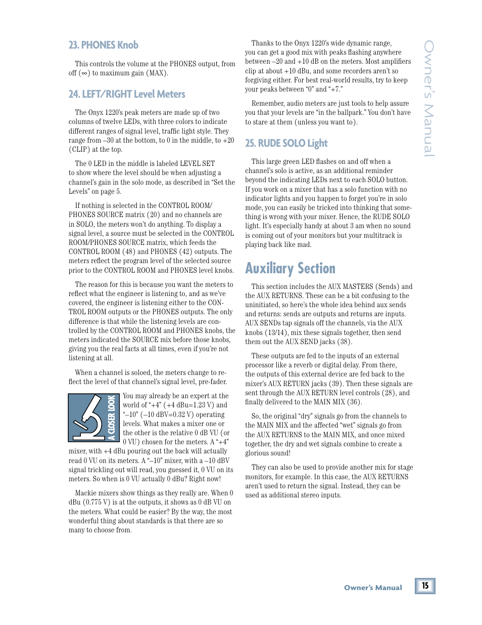 Phones knob, Left/right level meters, Rude solo light | Auxiliary section, Owner ’s manual | MACKIE Onyx 1220 User Manual | Page 15 / 32