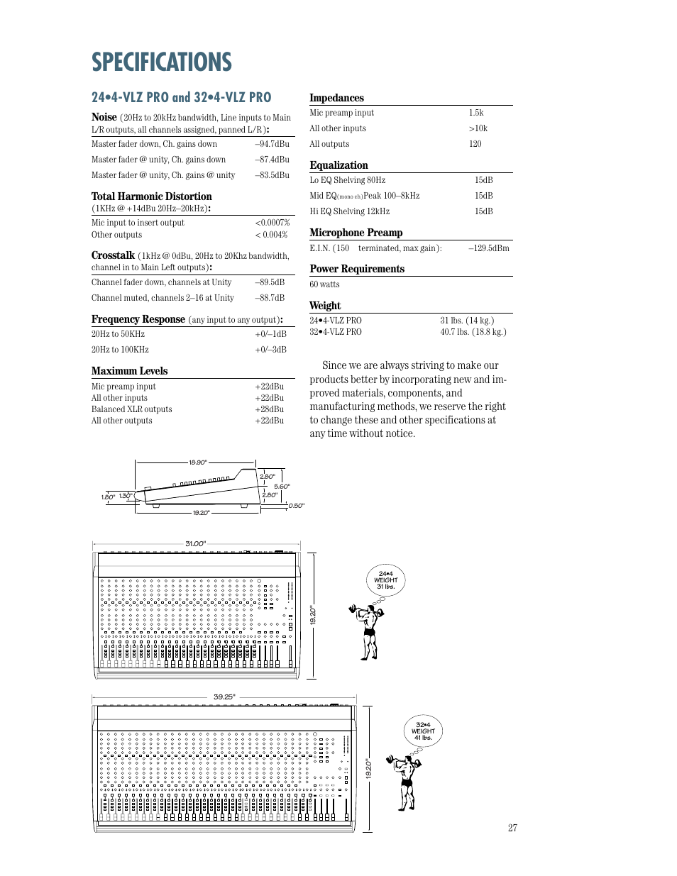 Specifications | MACKIE SR244-VLZ PRO User Manual | Page 27 / 31