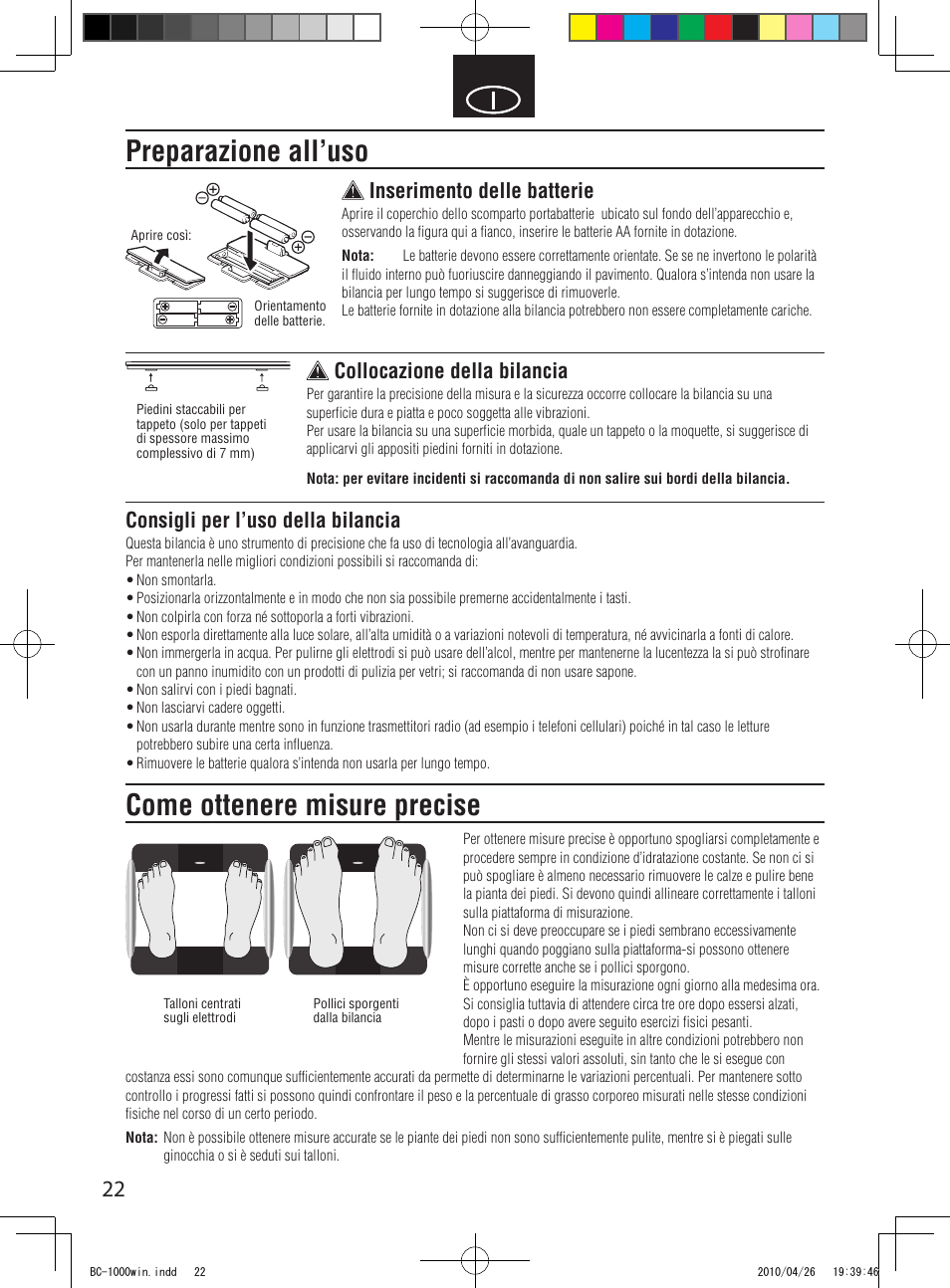 Preparazione all’uso, Come ottenere misure precise, Inserimento delle batterie | Collocazione della bilancia, Consigli per l’uso della bilancia | Garmin Tanita User Manual | Page 24 / 37