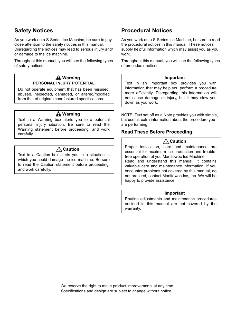 Safety notices, Procedural notices | Manitowoc Ice MARINE MODEL S1800 User Manual | Page 2 / 100